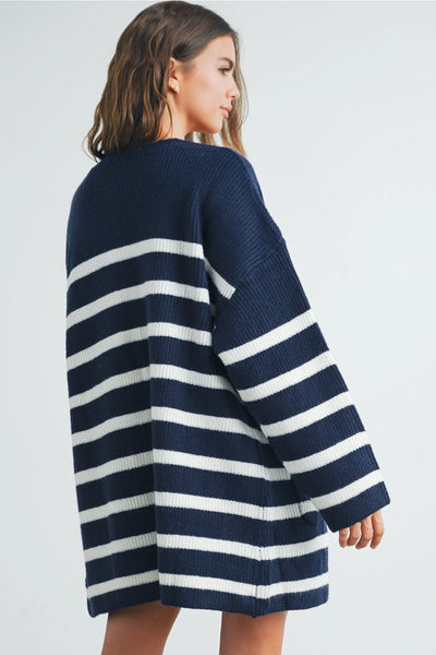 Shey Navy Ivory Stripe Long Cardigan