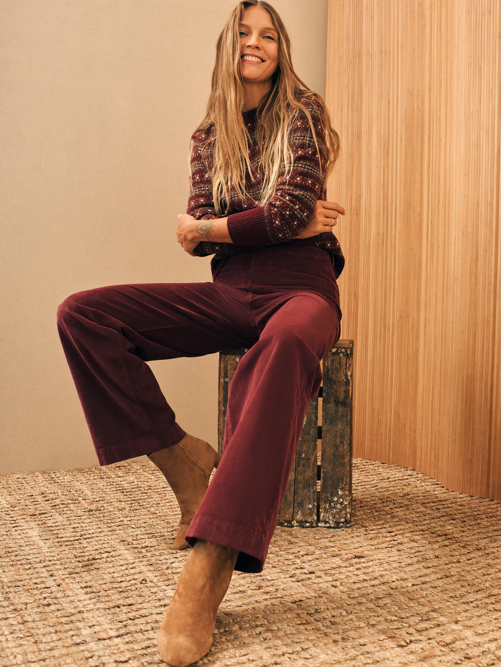 Maroon Stretch Cord Wide Leg Pant