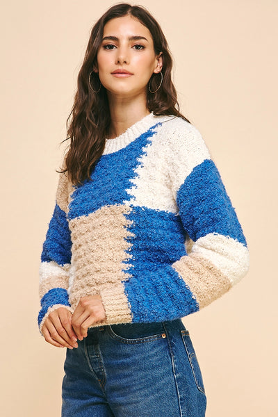 Murphy Blue Tan Colorblock Crew Sweater