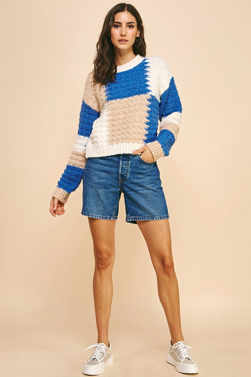 Murphy Blue Tan Colorblock Crew Sweater