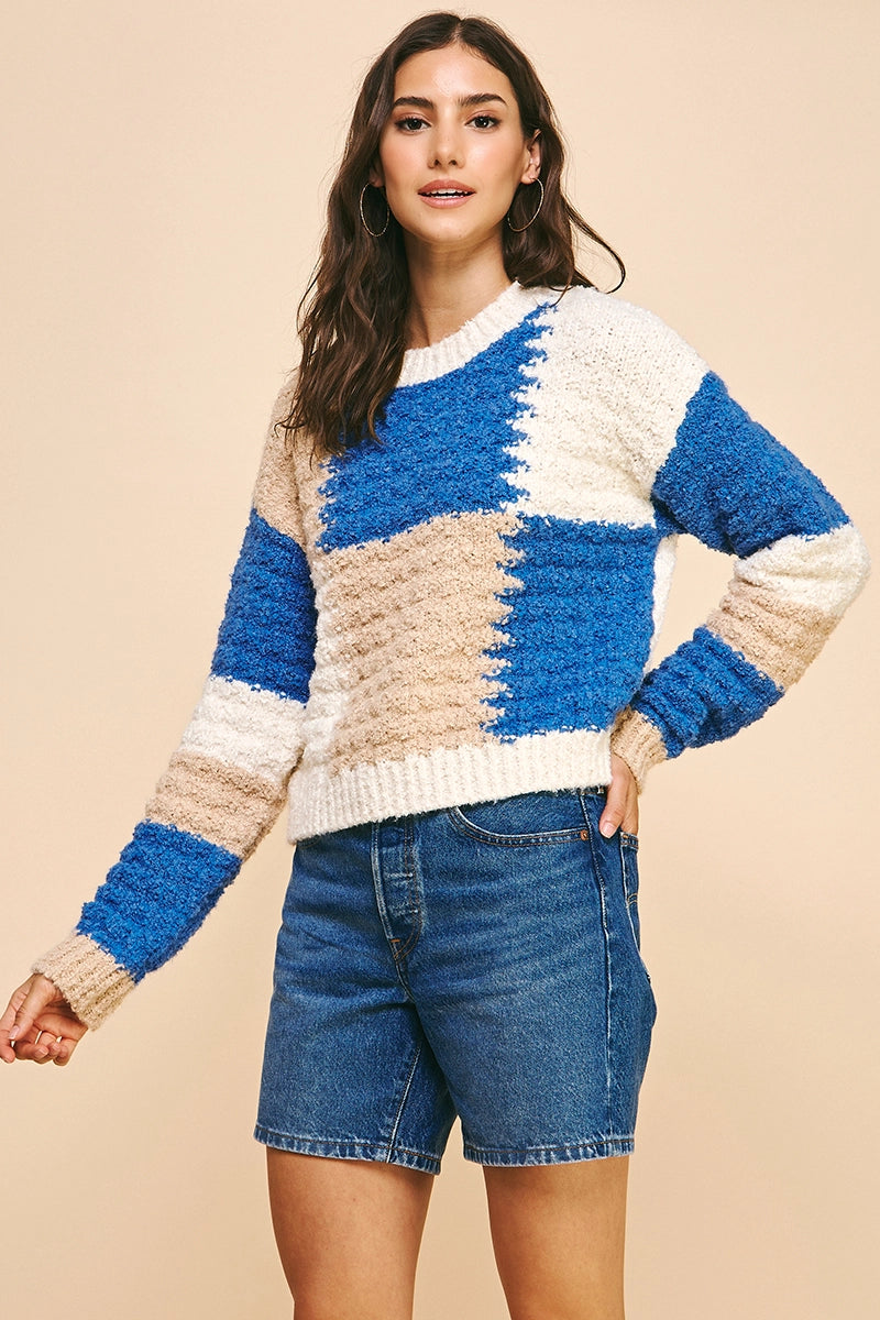 Murphy Blue Tan Colorblock Crew Sweater