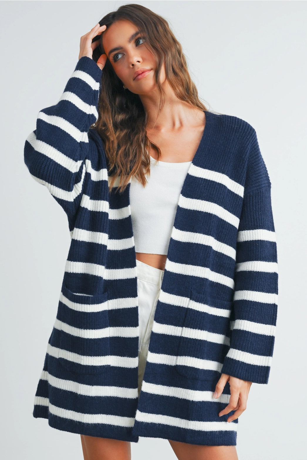 Shey Navy Ivory Stripe Long Cardigan